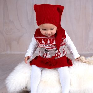 Strikkesett Julevest 4 frg m/skjørt og nisselue - garnpakke i Bluum Soft