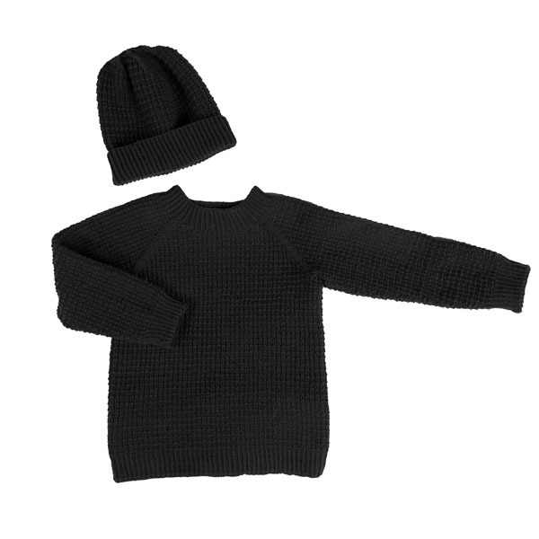 Strikkegenser Hugo med lue Svart - garnpakke i Bluum Soft Merino Ull