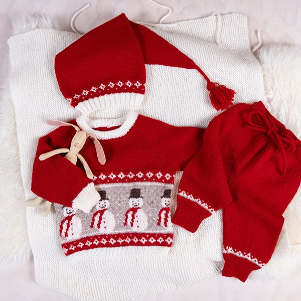Strikkesett Snømanngenser m/lang bukse og nisselue - garnpakke i Bluum Soft Merino Ull