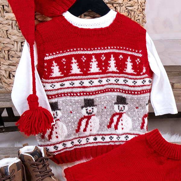 Strikkesett Julevest 4 frg m/skjørt og nisselue - garnpakke i Bluum Soft Merino Ull