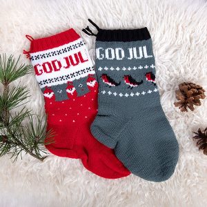 Strikk Julestrømper Dompap og Nisse grønn - garnpakke i Bluum Soft Merino Ull