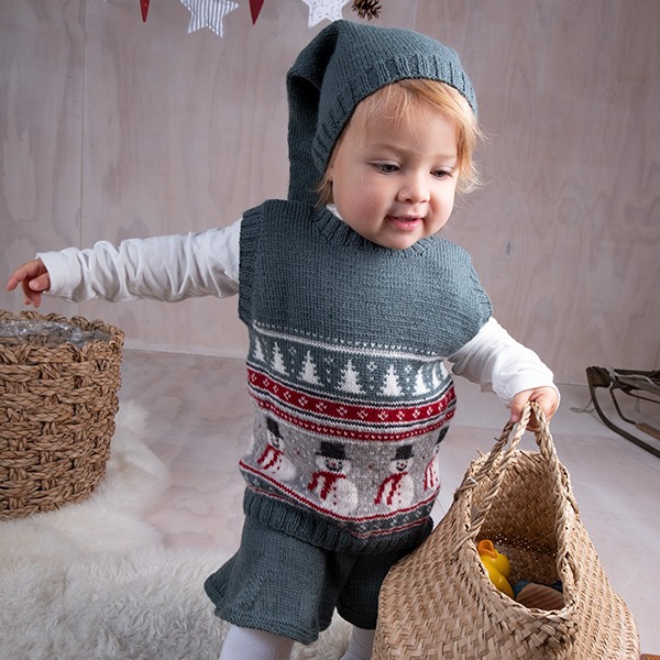 Strikkesett Julevest 5 frg m/skjørt og nisselue - garnpakke i Bluum Soft Merino Ull