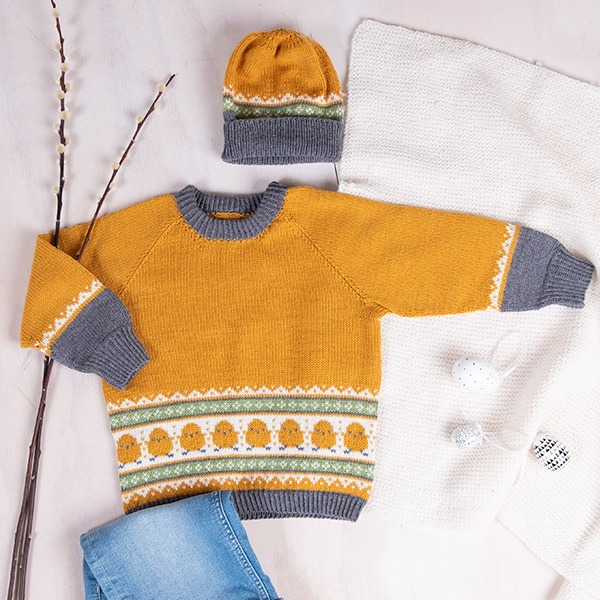 Strikkesett Kylling genser med lue - garnpakke i Bluum Soft Merino Ull