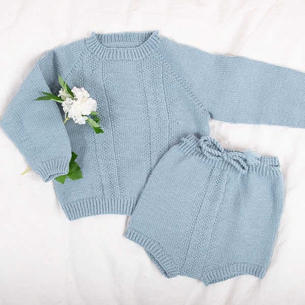Strikkesett Hardanger genser og bloomer - garnpakke i Bluum Pure Eco Baby Wool