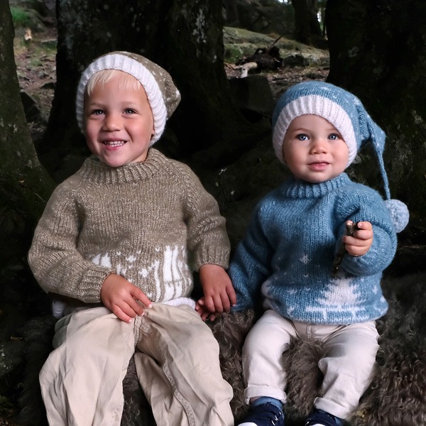 Strikkegenser Skitur m/lang lue - garnpakke i Bluum Fluffy Alpaca