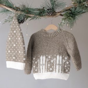 Strikkegenser Skitur m/lang lue - garnpakke i Bluum Fluffy Alpaca
