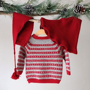 Strikkesett Julekyss genser m/skjørt og nisselue - garnpakke i Bluum Pure Eco Baby Wool