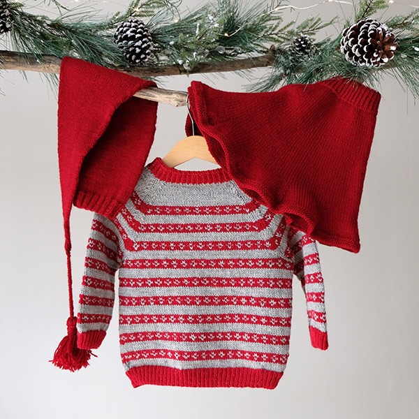 Strikkesett Julekyss genser m/skjørt og nisselue - garnpakke i Bluum Pure Eco Baby Wool