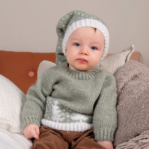 Strikkegenser Vinterskog m/lang lue - garnpakke i Bluum Fluffy Alpaca