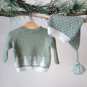Strikkegenser Vinterskog m/lang lue - garnpakke i Bluum Fluffy Alpaca
