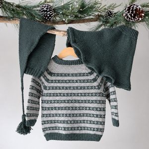 Strikkesett Julekyss genser m/skjørt og nisselue - garnpakke i Bluum Pure Eco Baby Wool